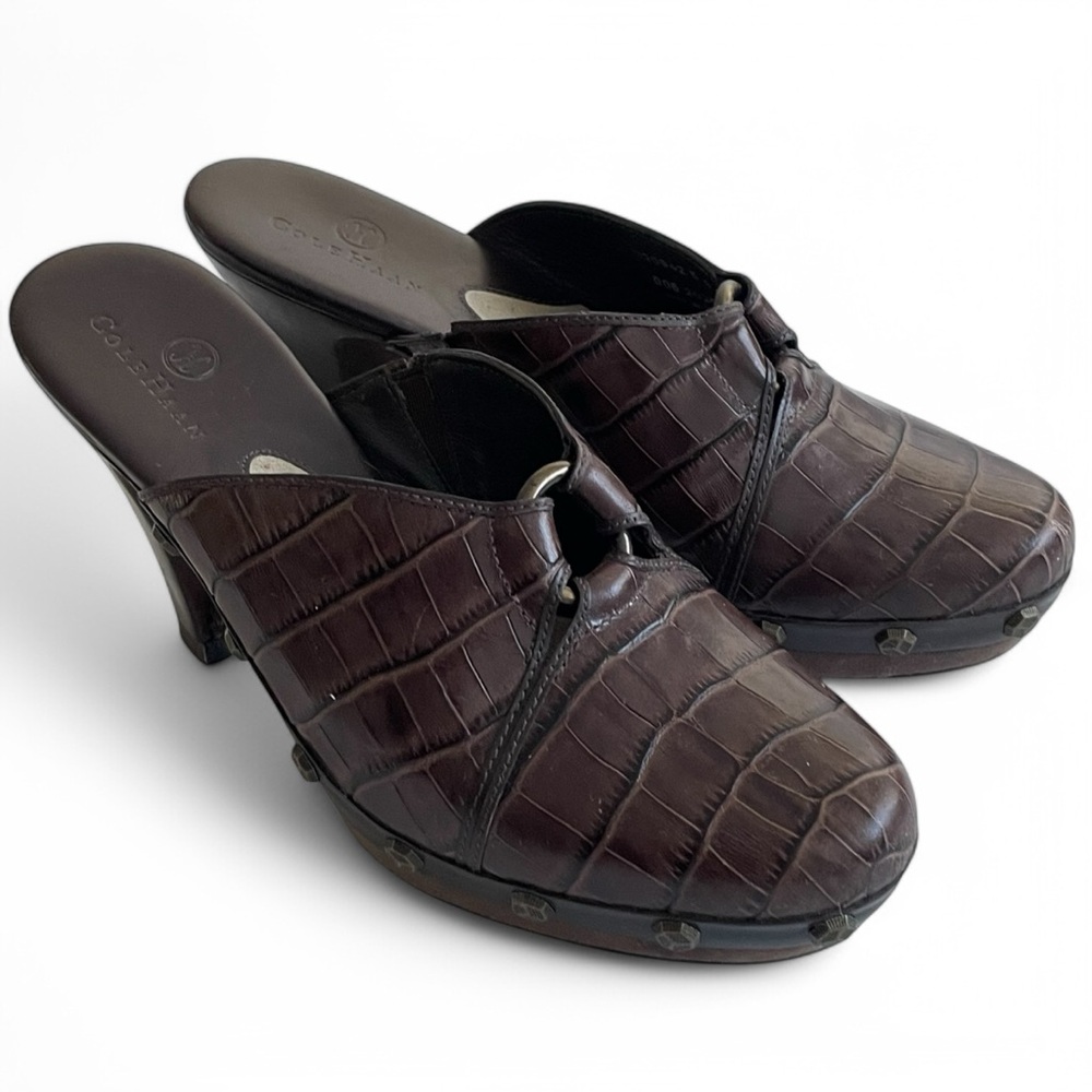 Cole Haan Women's Kenna Brown Croc Leather Platform Heeled Mules Studded Sz: 6 - Picture 1 of 9